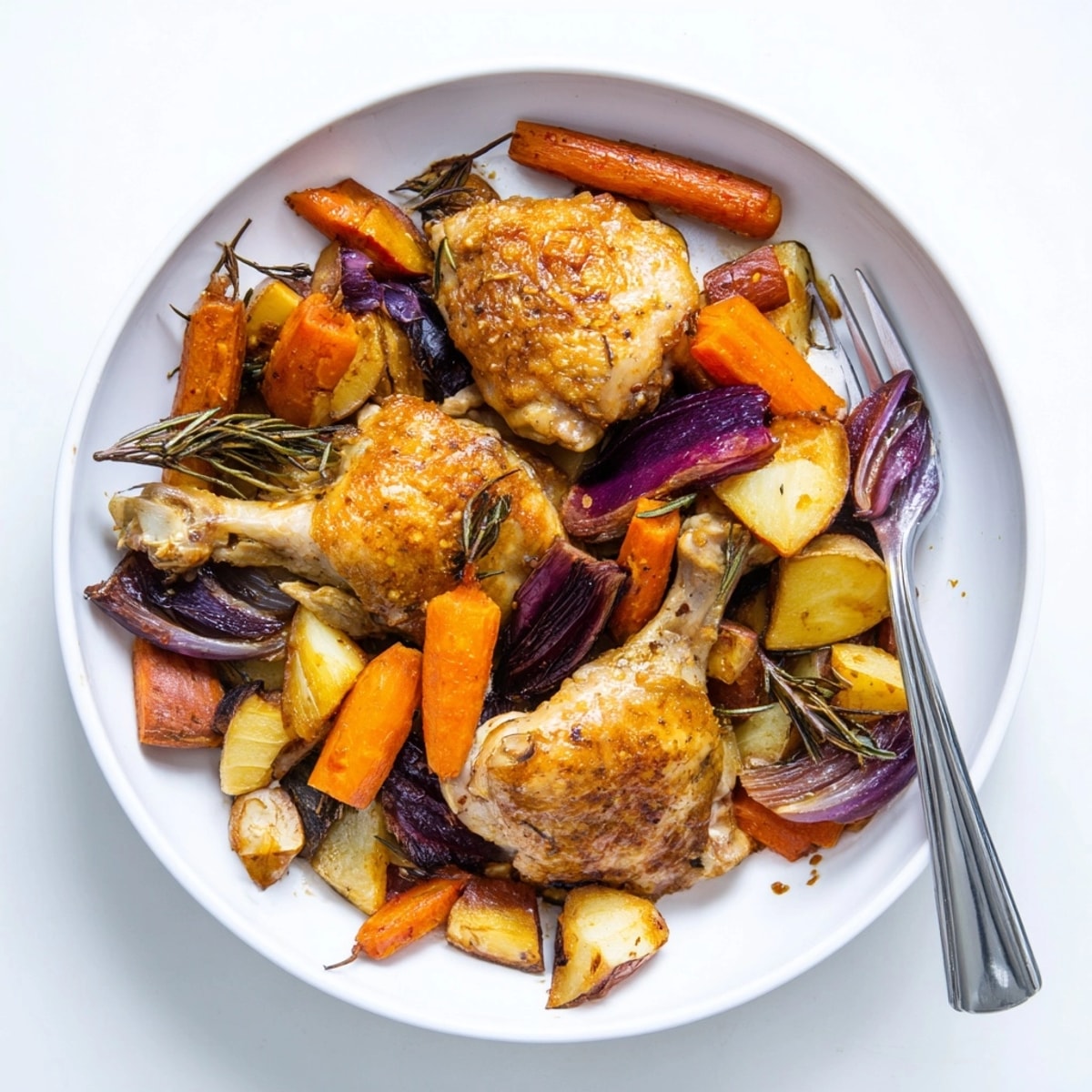 Crisp-skinned Honey-Glazed Chicken with Roasted Root Vegetables: colorful carrots, parsnips and chicken glistening with honey.