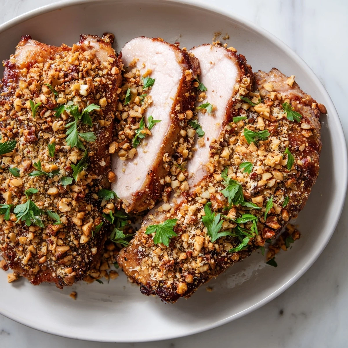 Golden, crusted Thyme and Pecan Pork Tenderloin, sliced, ready for a comforting dinner.