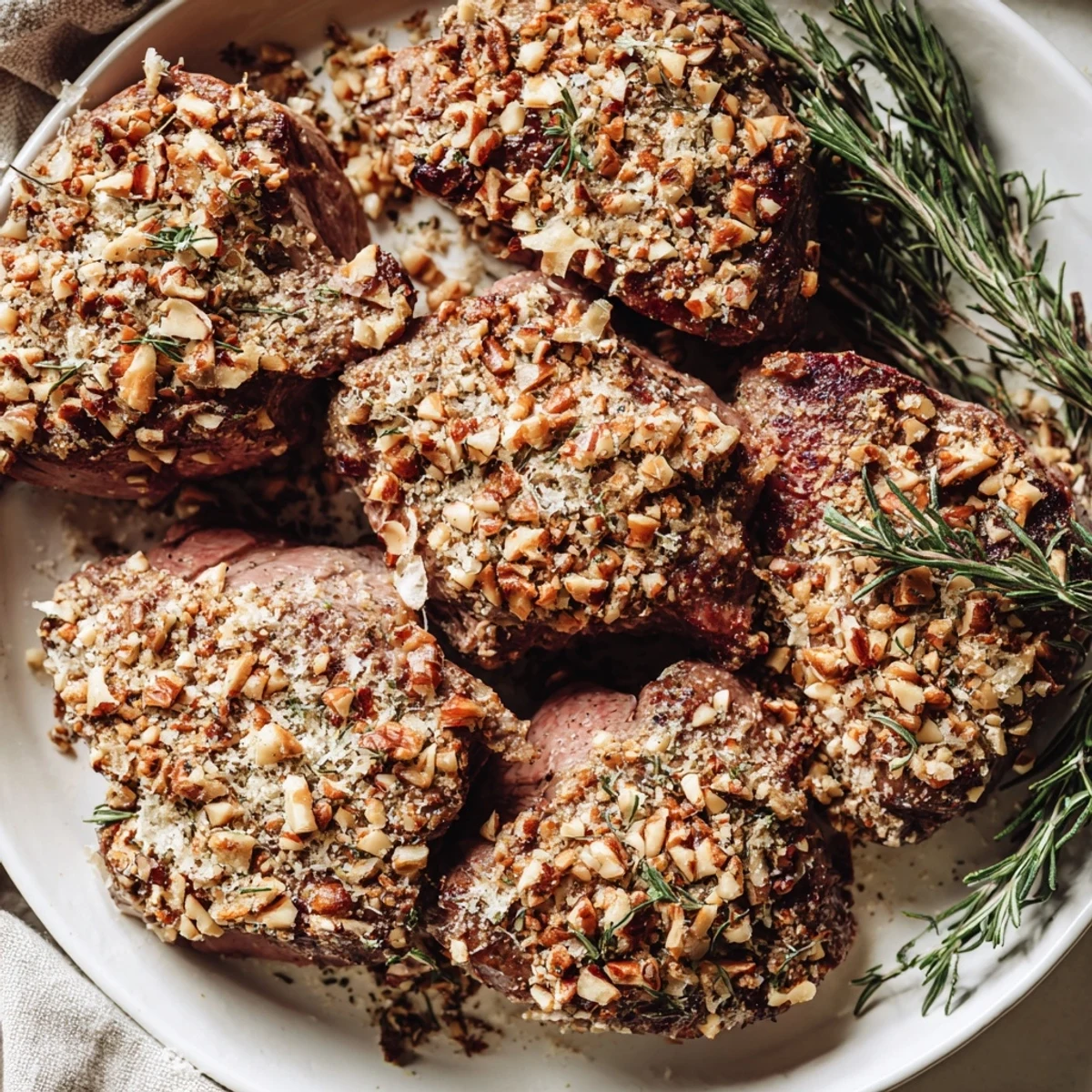 Close up of juicy Thyme and Pecan Crusted Pork Tenderloin, perfectly seared before baking in the oven.