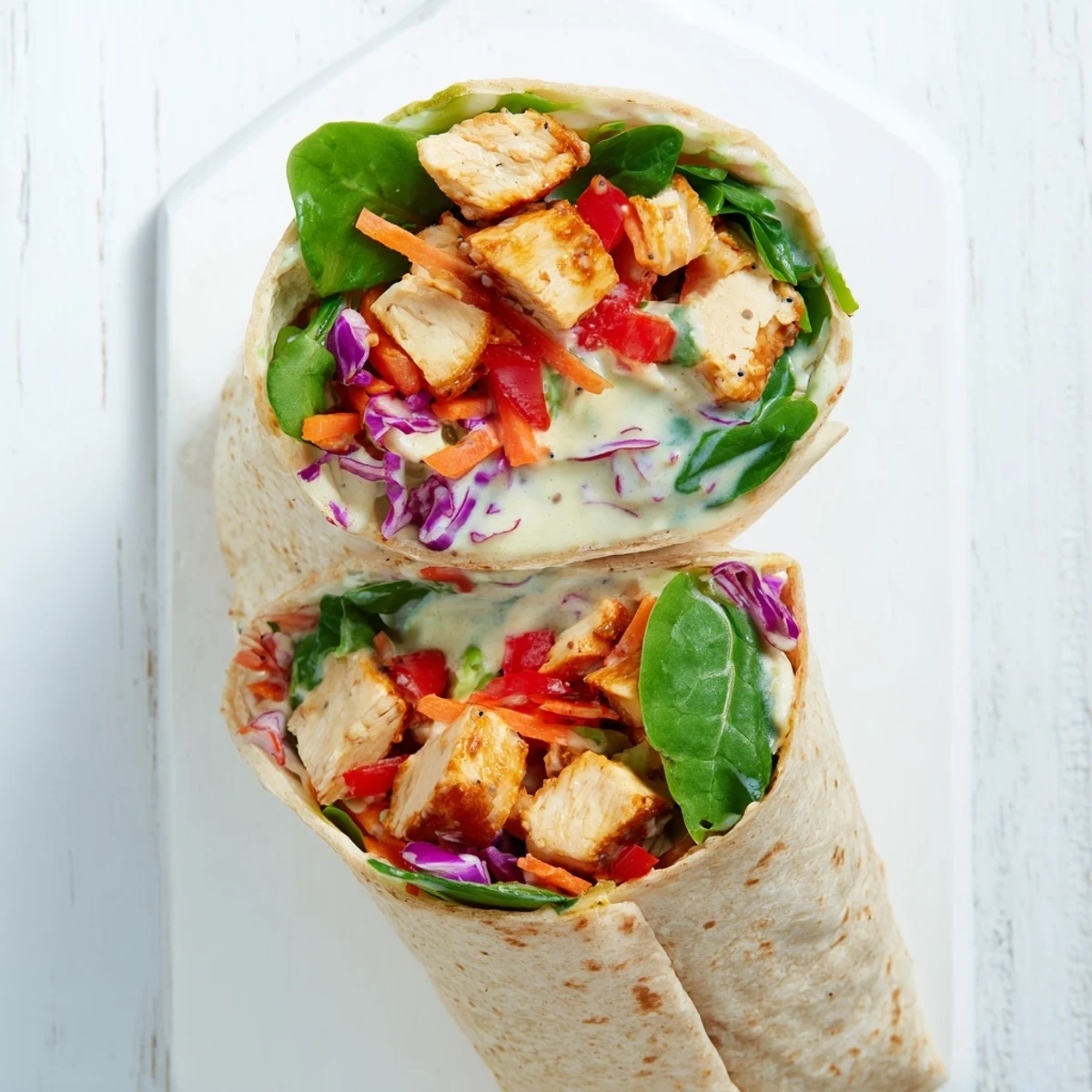 A colorful Poppy-Inspired Chicken Salad Wrap, overflowing with fresh greens and creamy chicken.