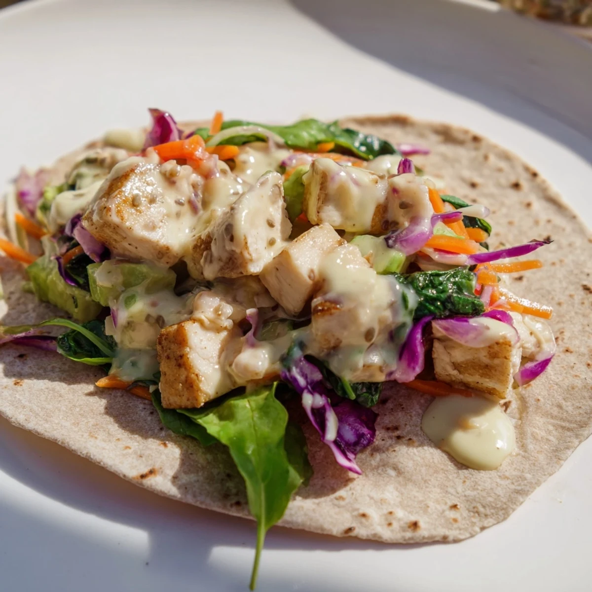 Tempting view of a Poppy-Inspired Chicken Salad Wrap, featuring vibrant vegetables and delicious texture.