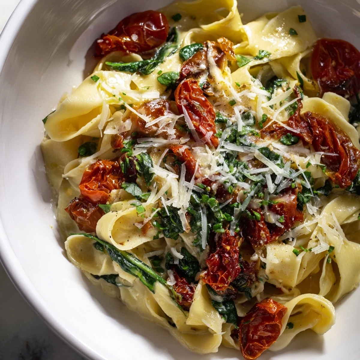 One-Pot Creamy Tuscan Garlic Herb Pasta, a warm, inviting bowl of creamy, herb-infused pasta.