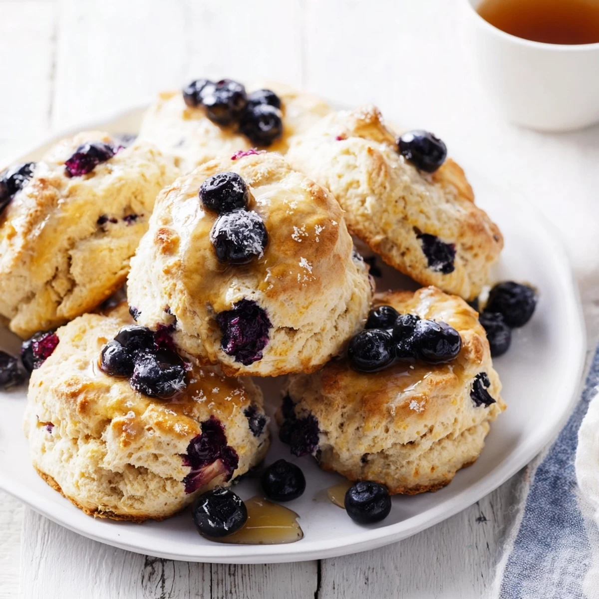 Light, fluffy Rustic Birch-Warm Blueberry Scones, topped with coarse sugar, offering a delightful texture.