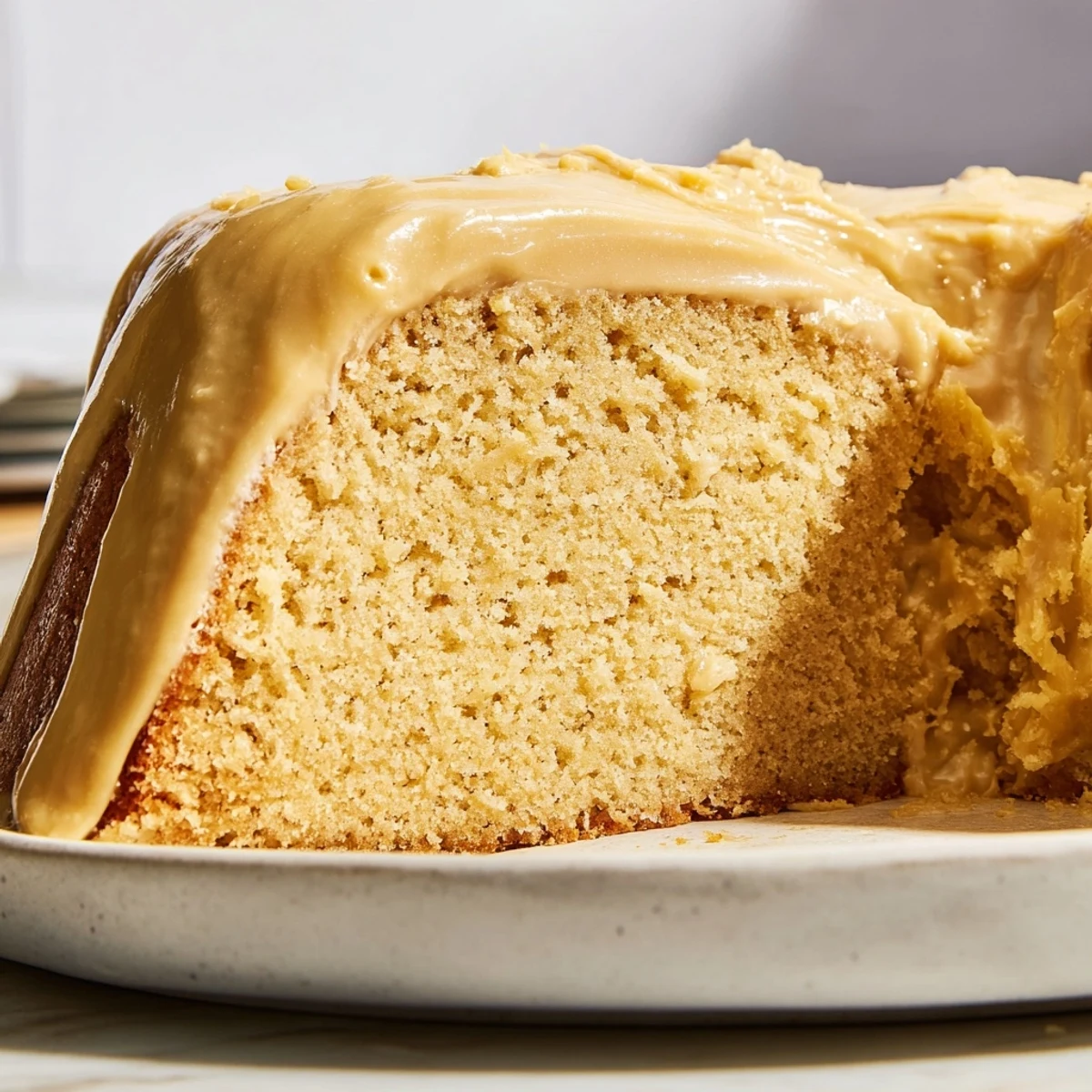 Golden honey pound cake, sliced and ready to serve, glistening with honey glaze for a sweet treat.