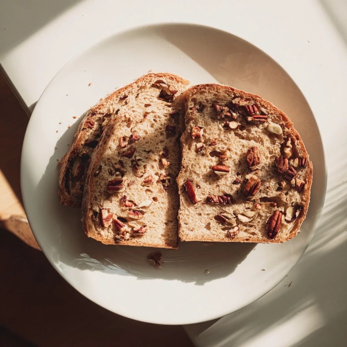 A hearty slice of nutty whole wheat loaf bread, studded with nuts and perfect for breakfast.