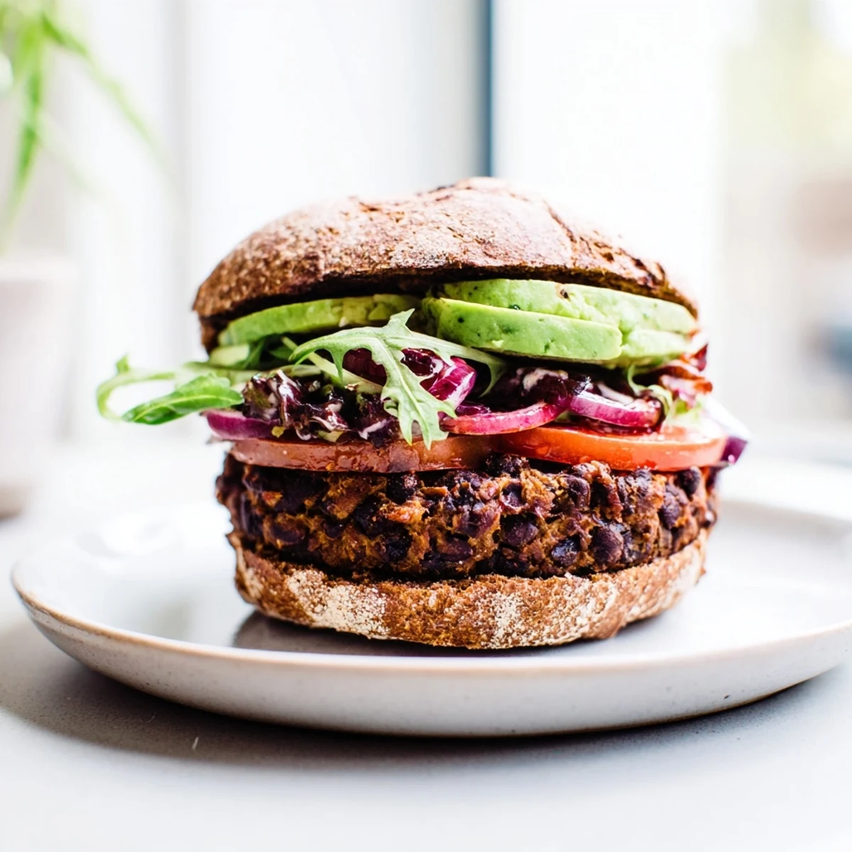 A close-up of a juicy zesty black bean burger, brimming with toppings, on a toasted bun.