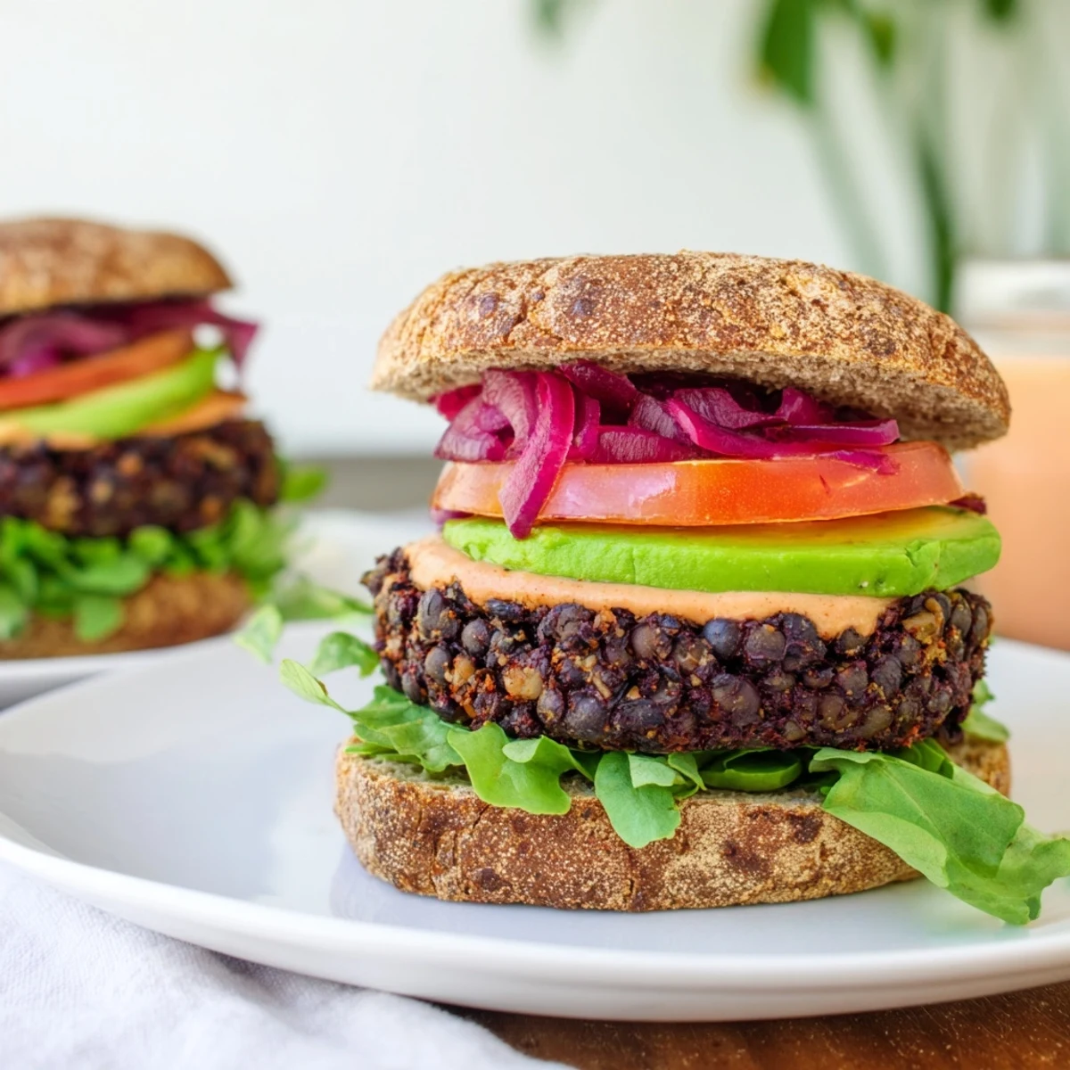 Sizzling black bean burgers, piled high with fresh avocado, ready to be enjoyed!