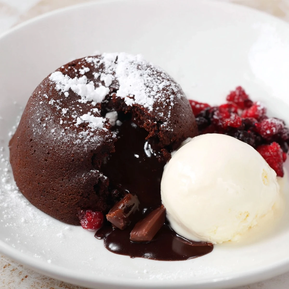 Warm dark chocolate lava cakes, melting inside, ready to serve with whipped cream and berries.