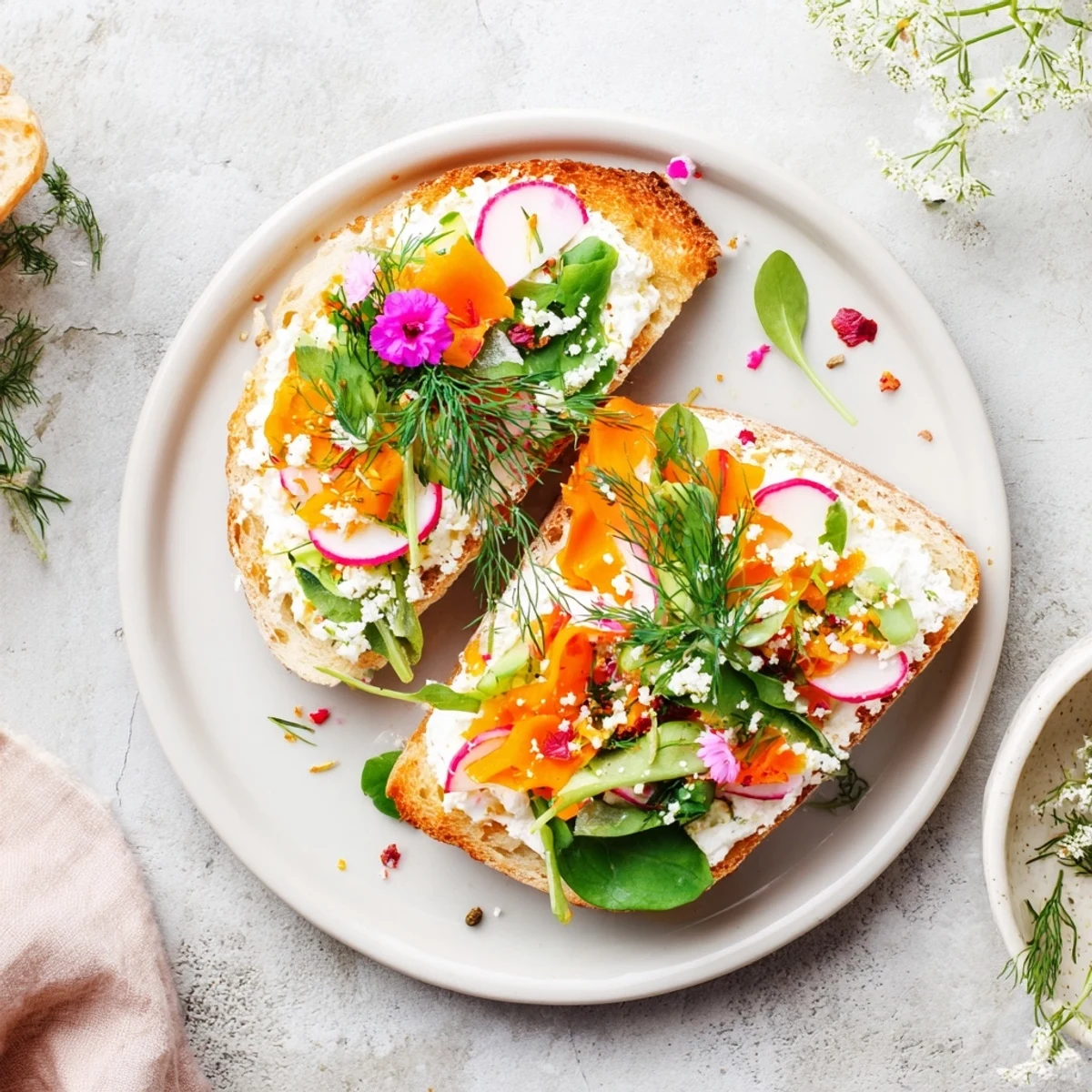 Fresh Meadow-Inspired Garden Vegetable Tartines: A vibrant display of colorful veggies atop toasted bread and creamy cheese.