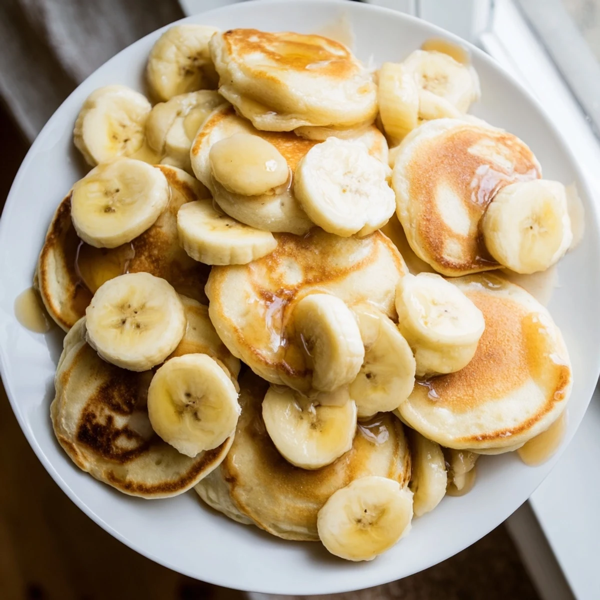 Golden-brunch banana pancakes, stacked high, drizzled with warm maple syrup, perfect for a cozy weekend.