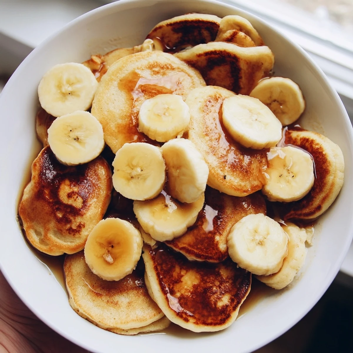 Fluffy golden-brunch banana pancakes with a perfect, caramelized exterior and maple syrup, ready to eat.