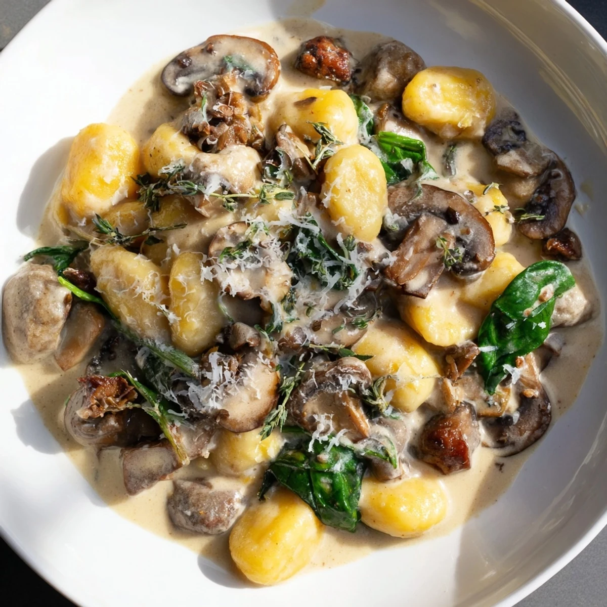 Steaming Woodsy Skillet Sausage and Mushroom Gnocchi, glistening and creamy, ready for a comforting bite.