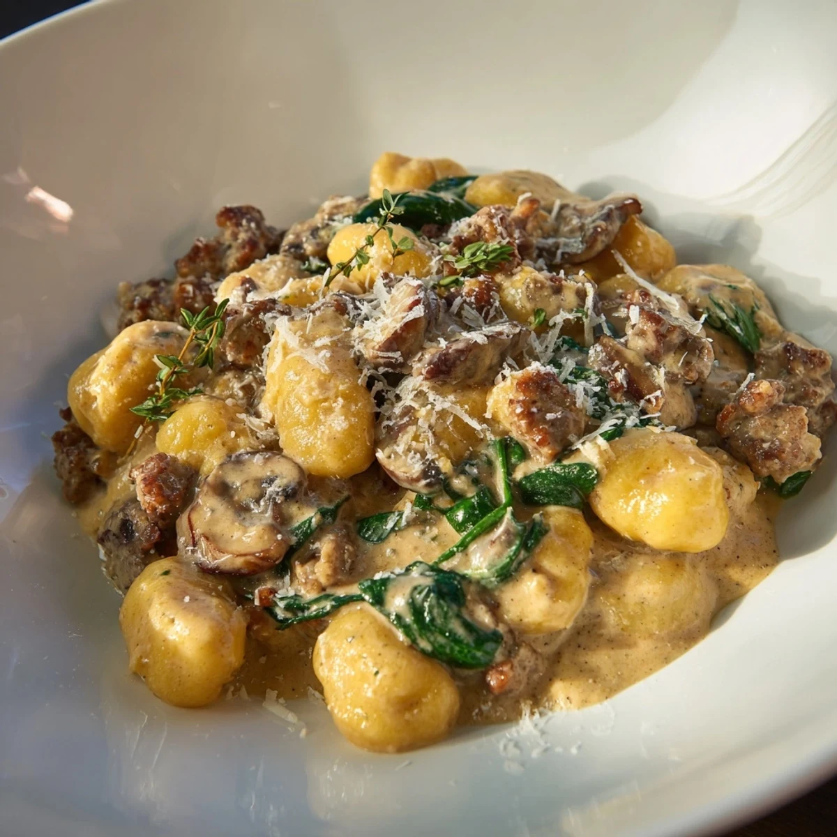 A close-up of a skillet of Woodsy Sausage and Mushroom Gnocchi, savory and rich from the sauce.