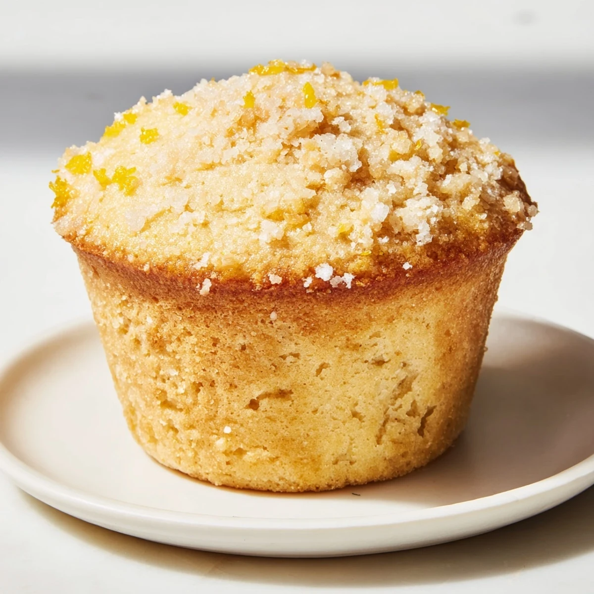 Fluffy Simple Sweet Lemon Zest Muffins, golden-brown and topped with sugar, ready for a delicious breakfast.