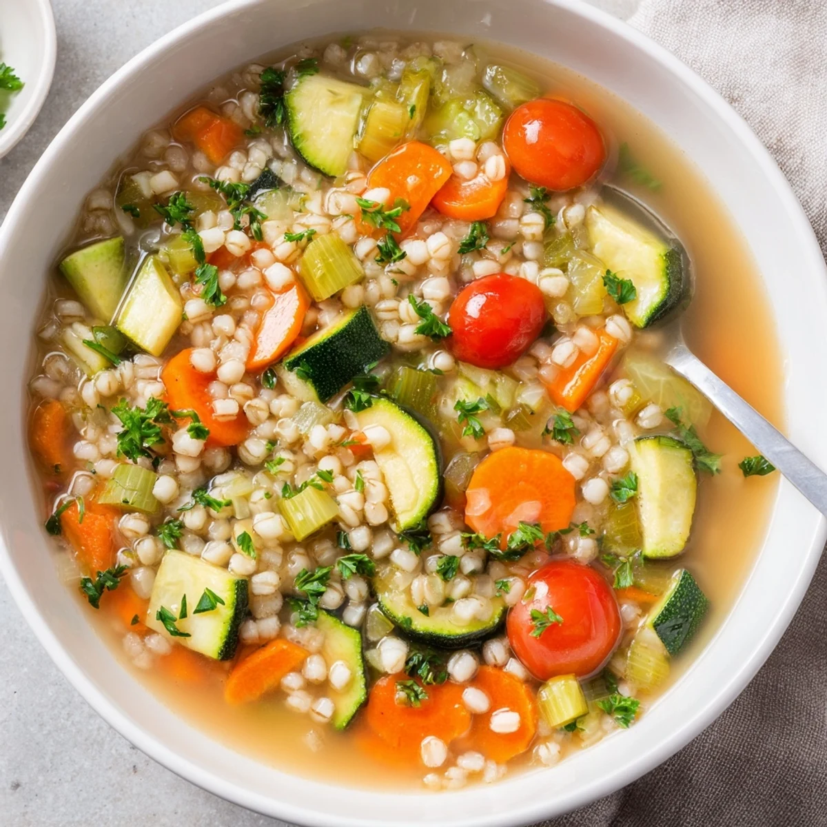 A rustic shot of Simple Homemade Grain and Vegetable Soup, perfect for a cozy vegetarian dinner.
