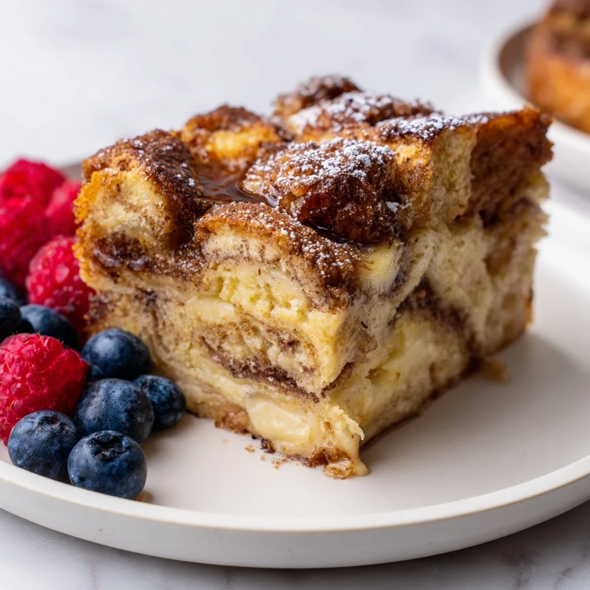 Golden-brown Soft Spice Baked French Toast Casserole drizzled with sweet cinnamon topping, ready to serve.