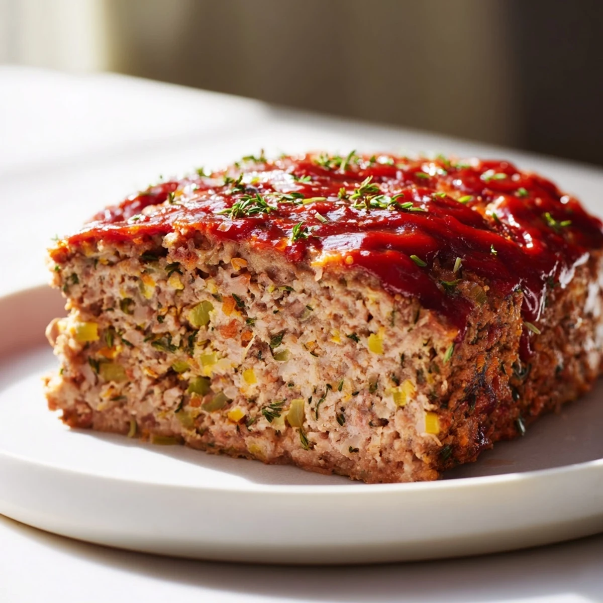 Golden-brown Everyday Herb-Sprigged Turkey Meatloaf ready to slice, with a sweet, tangy glaze.