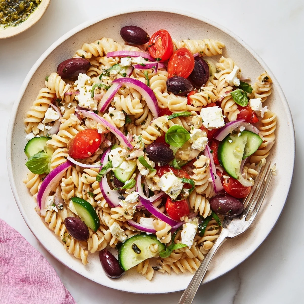 Chilled Mediterranean Olive Oil and Feta Pasta Salad, topped with fresh herbs, ready for serving.
