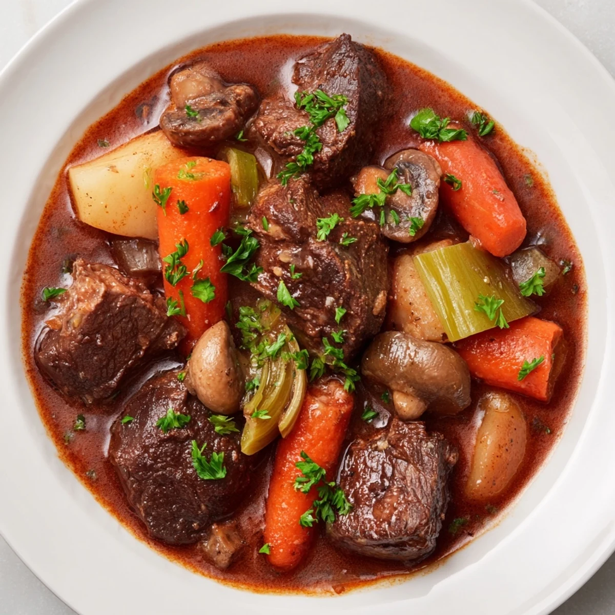 Steaming, savory Earthy Beef Stew served alongside a crusty, golden homemade bread, perfect for a cozy supper.