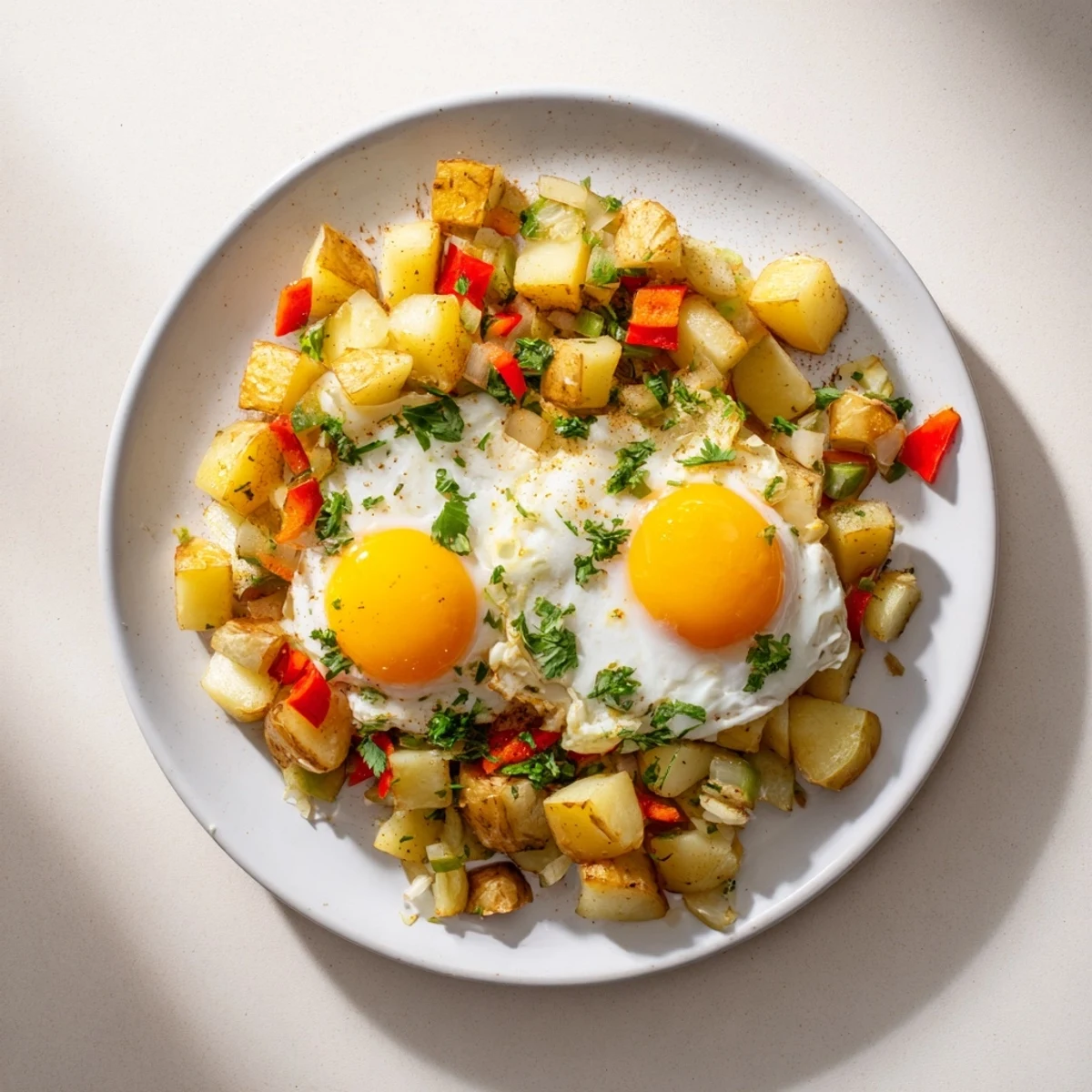 A hearty, savory Simple Skillet Egg and Potato Hash, with perfectly cooked eggs atop fluffy potatoes.