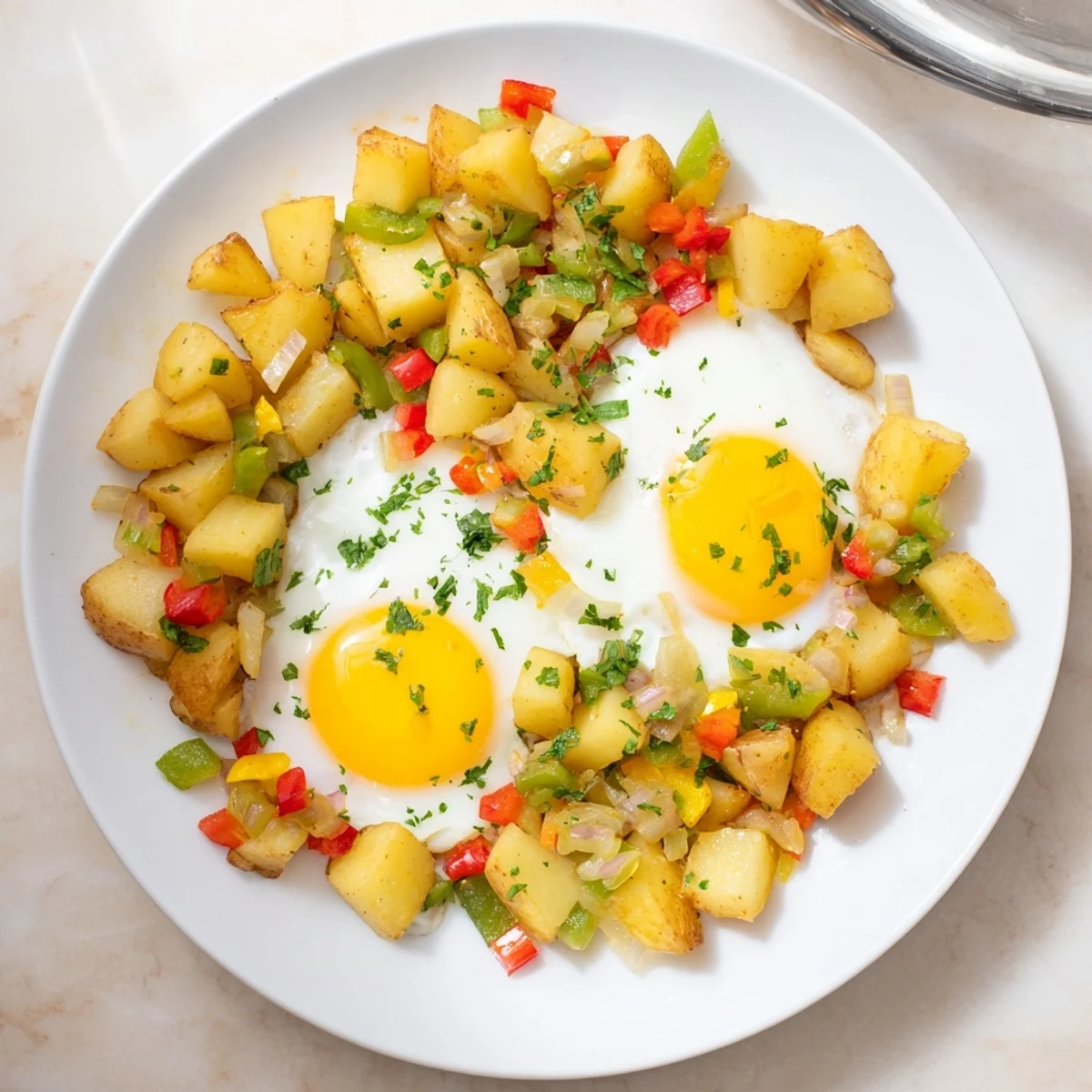 Perfect for breakfast or dinner: a warm skillet of Simple Skillet Egg and Potato Hash, garnished with fresh parsley.