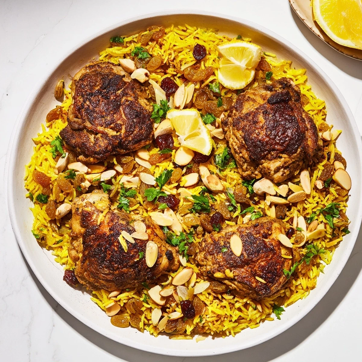 Aromatic Saffron Chicken and Rice Pilaf: Fluffy rice, flavorful chicken, served with a squeeze of lemon.