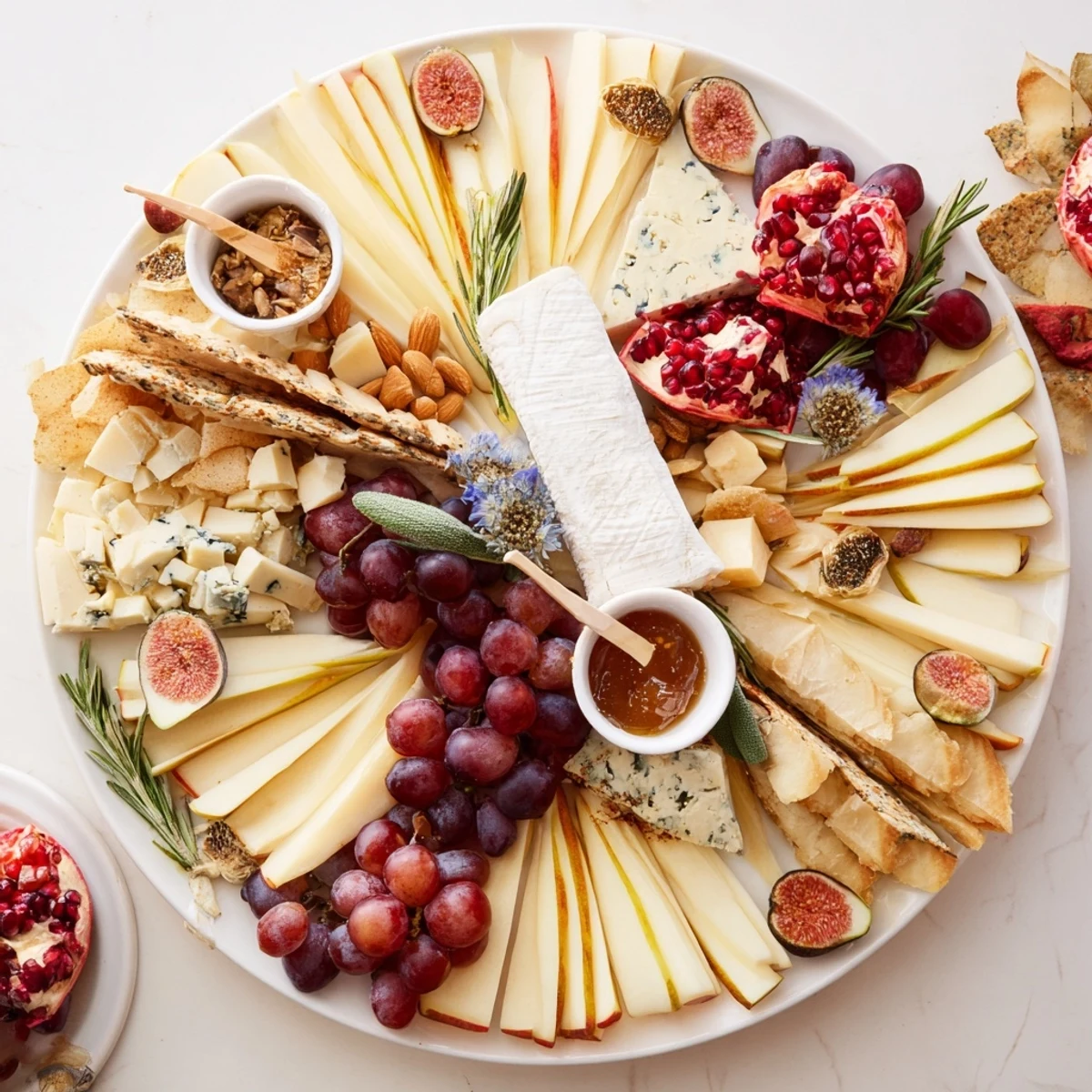 A stunning Star of Bethlehem cheese platter, featuring assorted cheeses and colorful fresh fruit, ready to serve.