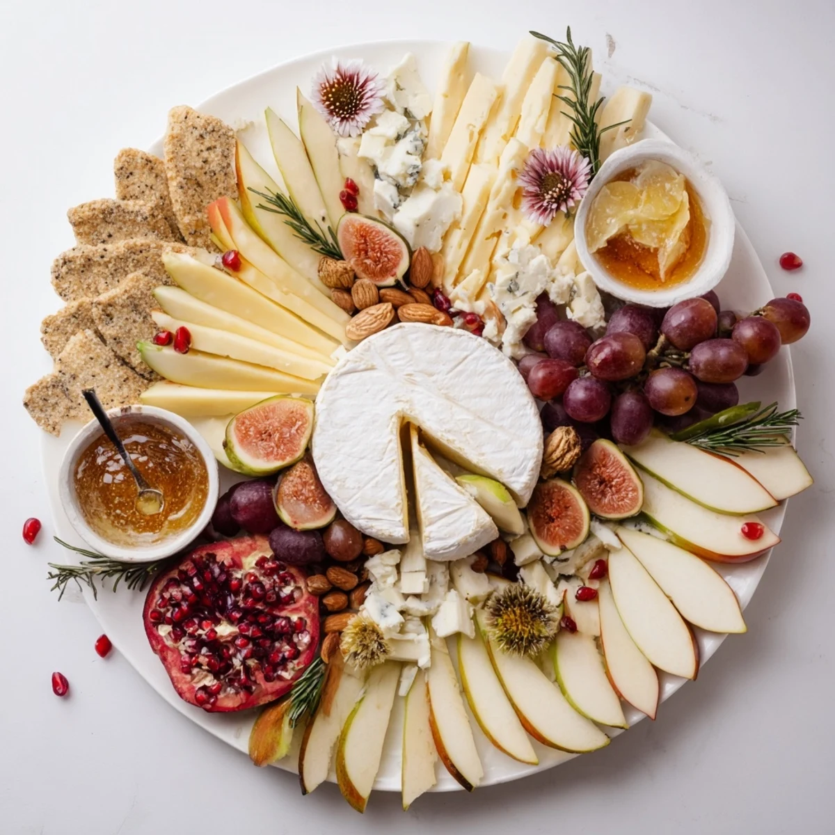 Deliciously arranged Star of Bethlehem cheese platter, showcasing Manchego, Brie, and gourmet accompaniments for enjoyment.
