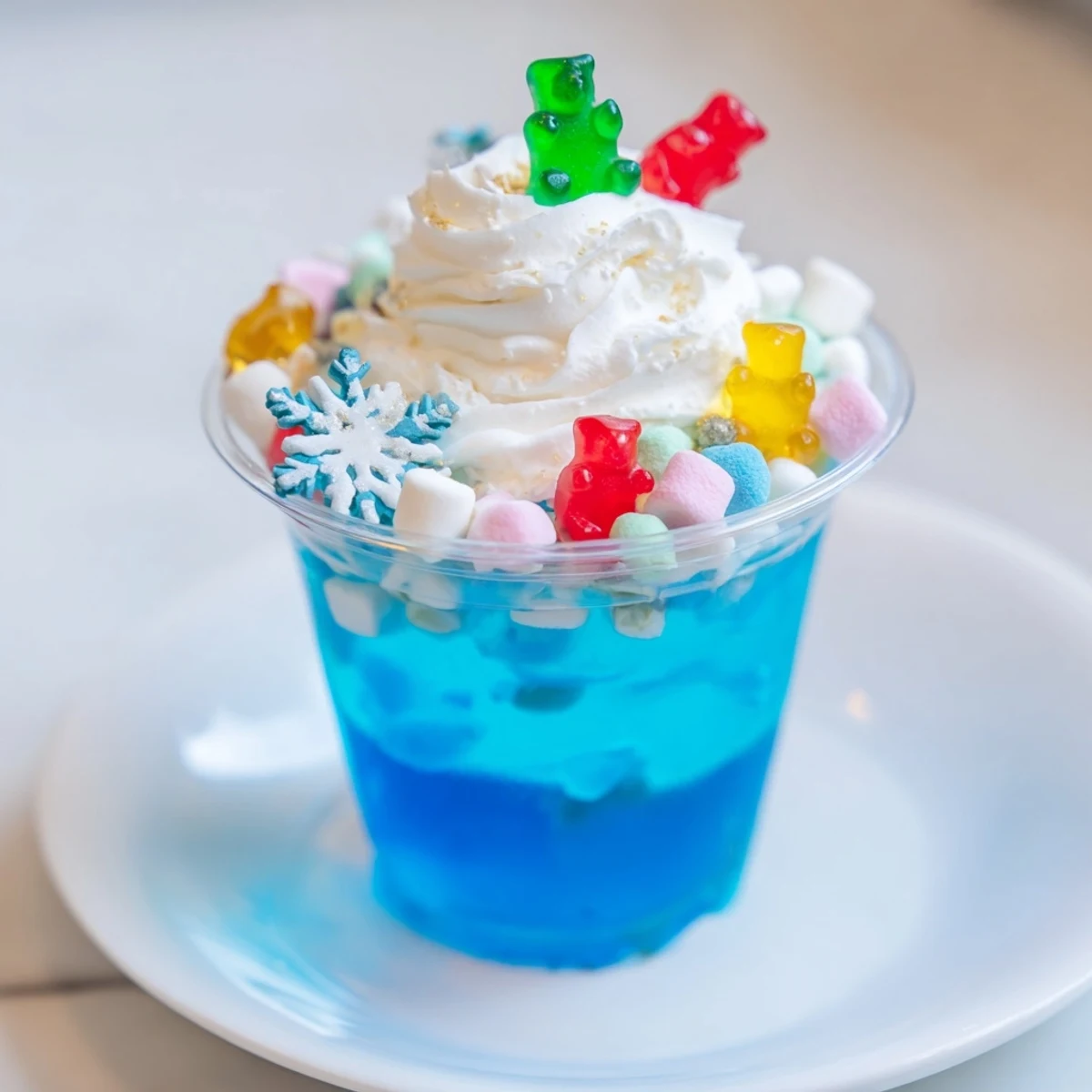 A tray of sparkling snow globe Jello cups, a fun and delicious dessert for kids.