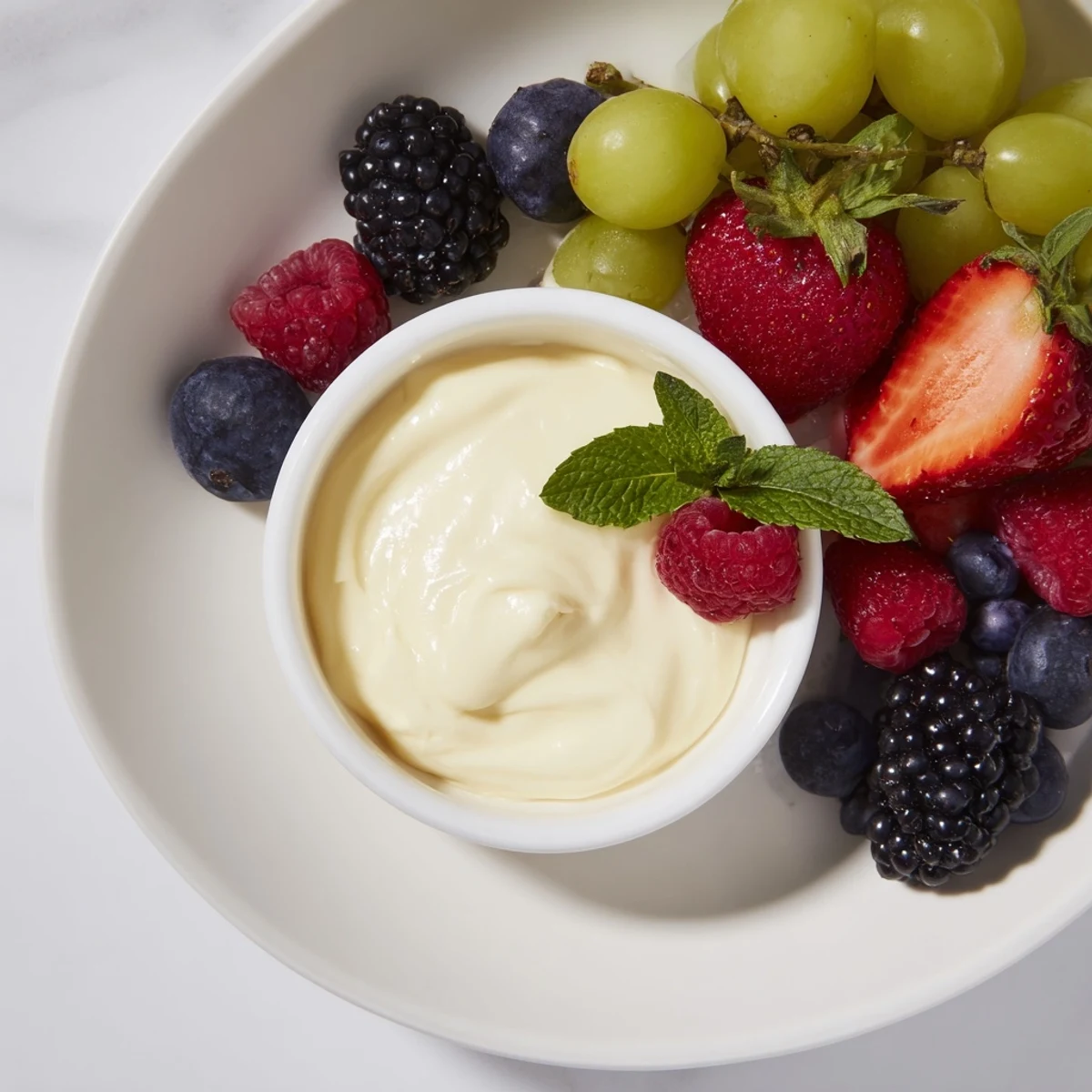 Delectable Mistletoe Kiss Berry Dip Board, showcasing fresh berries and a creamy, chilled dessert dip; ready to enjoy.