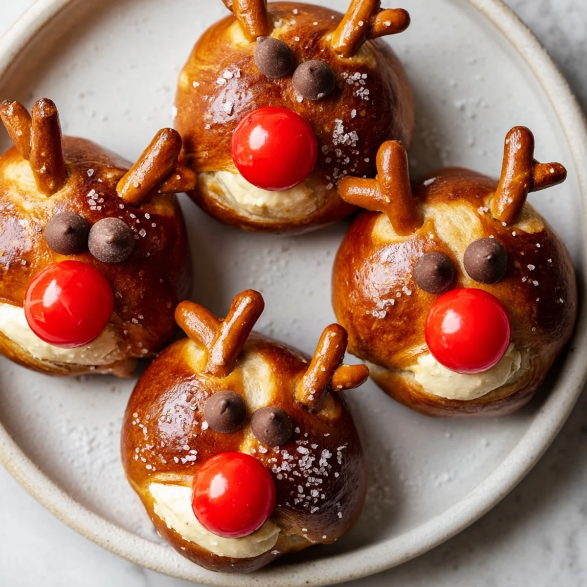 Rudolfs Red Nose Pretzel Bites with melting cheese and vibrant red candy noses look delightful.