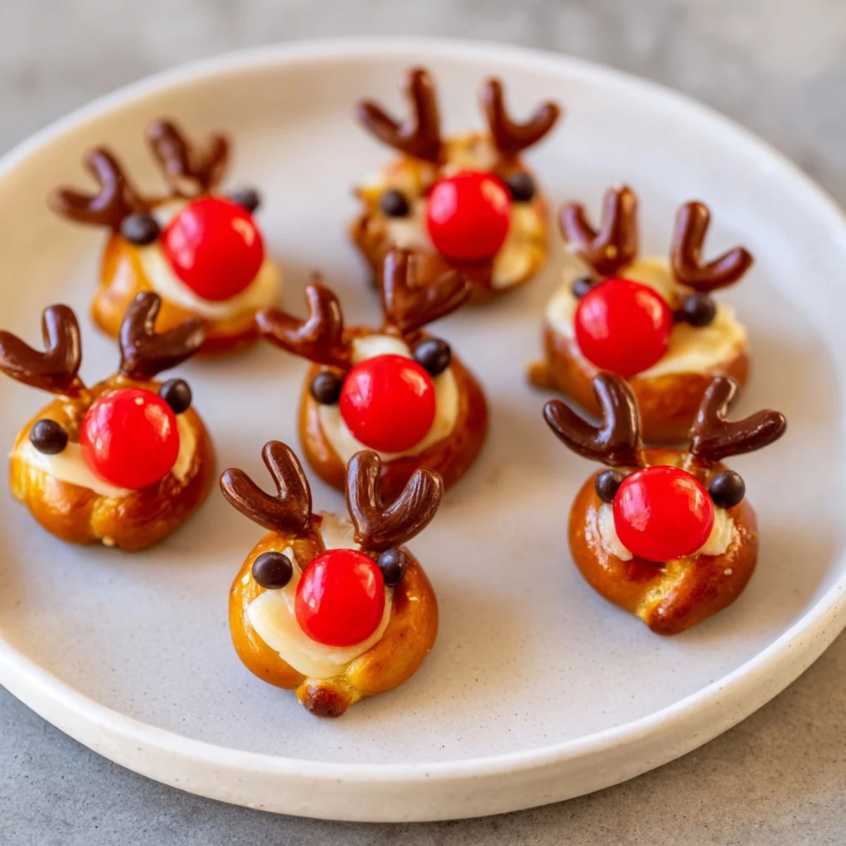 Festive Rudolfs Red Nose Pretzel Bites, featuring cheese filling and pretzel antlers, are perfect for holiday snacks.
