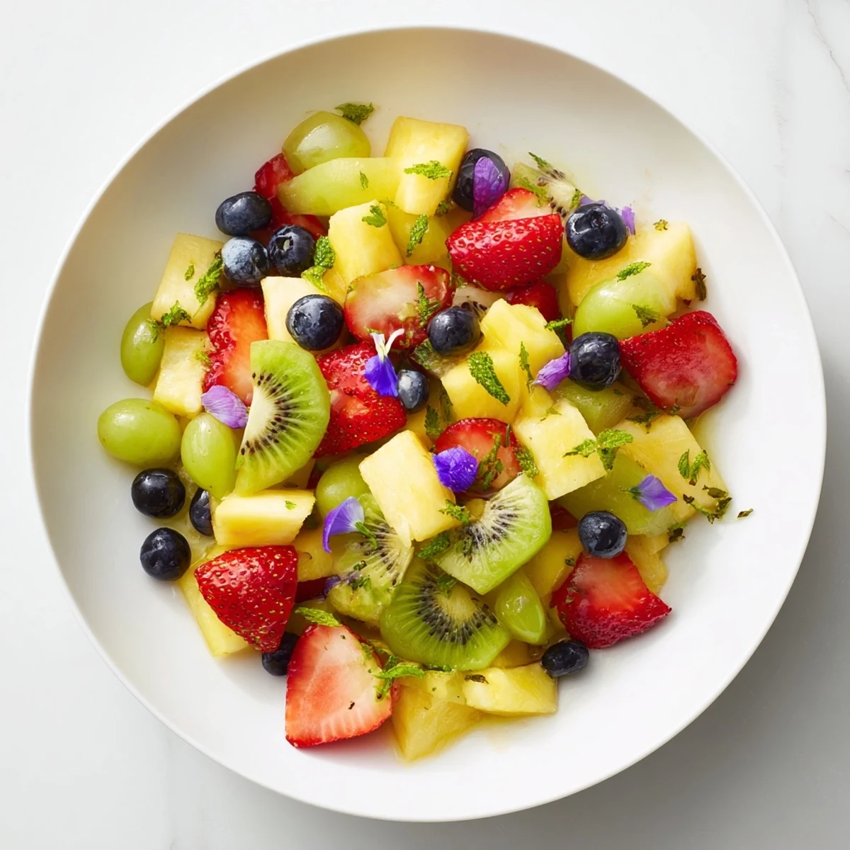 Get a taste of summer with this delicious bowl of Festive Bow Fruit Medley, garnished with mint.