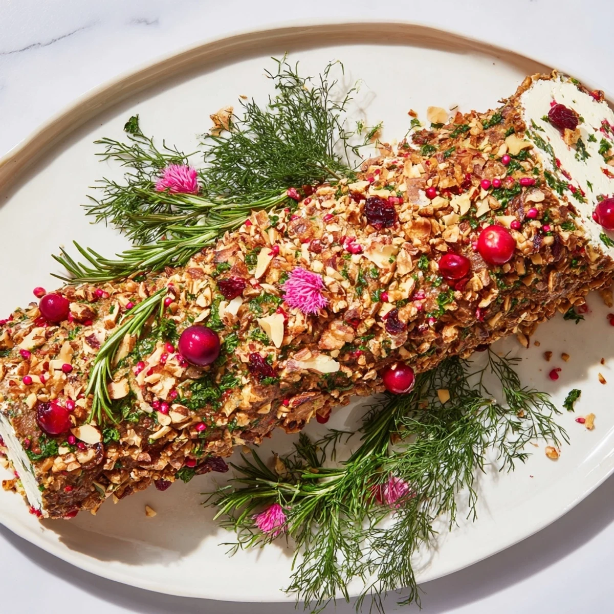 Festive close-up: A beautifully decorated Yuletide Log Cheese Centerpiece, ready to delight holiday guests.