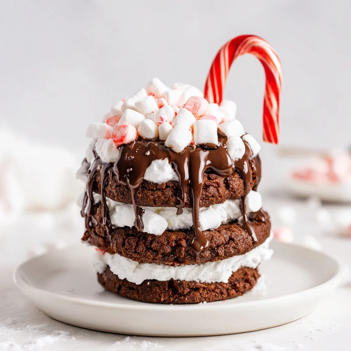Delectable hot cocoa mug cookie stack, layered with fluffy frosting, perfect for dessert enjoyment.