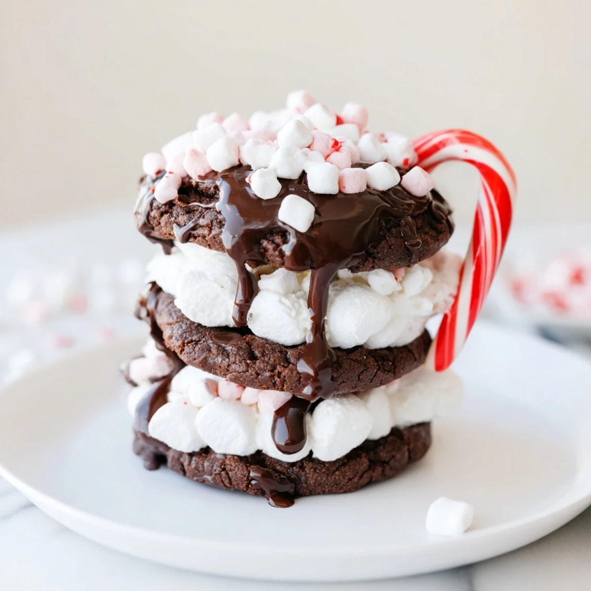 Homemade hot cocoa mug cookie stack, topped with melted chocolate and mini marshmallows, a delicious treat.