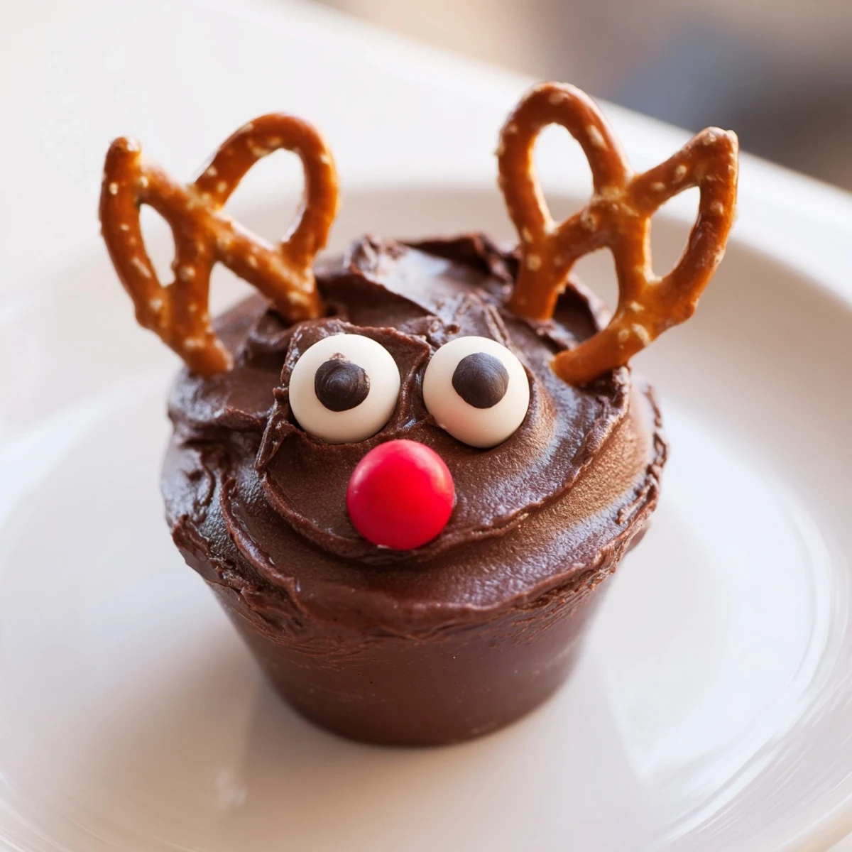 Chocolate reindeer pudding cups on a festive board, a sweet dessert perfect for the holidays.
