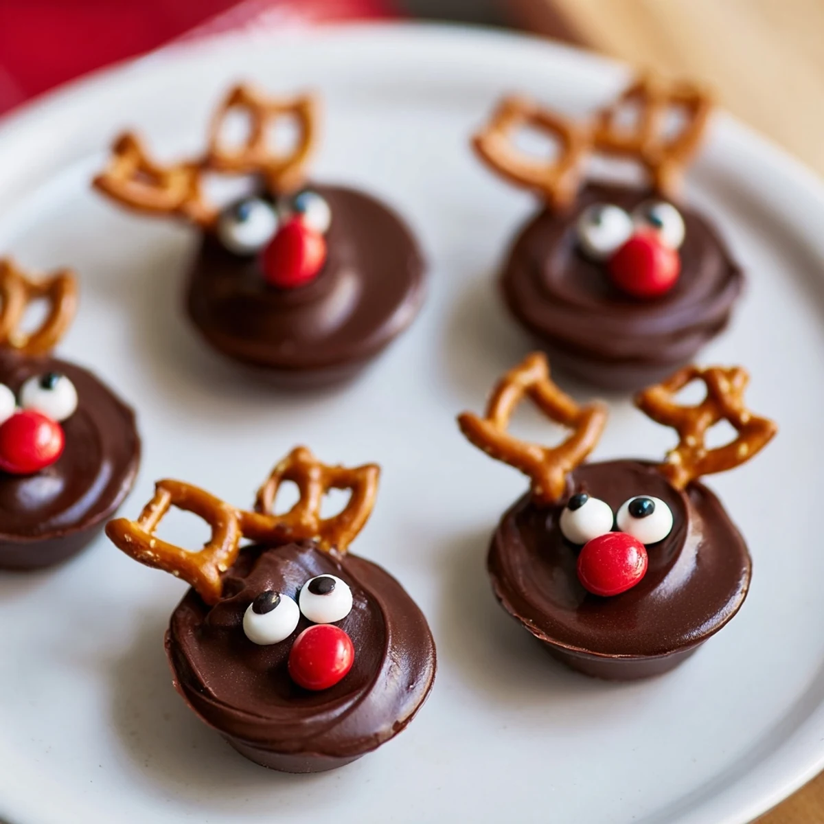 Get ready for delicious chocolate reindeer pudding cups, arranged with holiday treats for a fun snack.