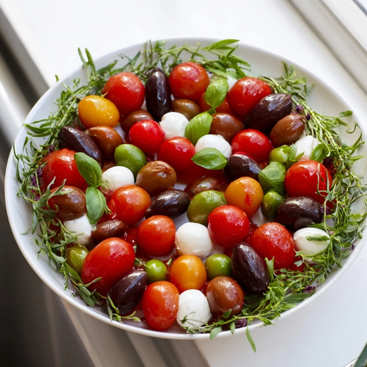 Mediterranean appetizer wreath: a gorgeous ring of olives, tomatoes, and herbs ready to eat.