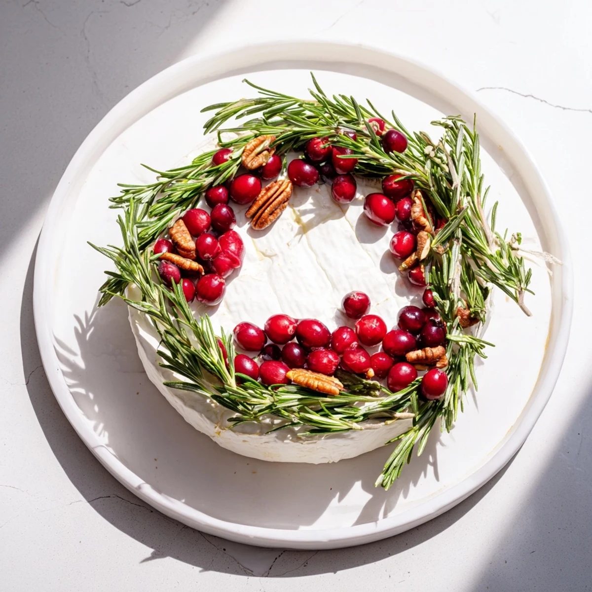 Wheel of Brie cheese topped with fresh rosemary wreath, ready to be served with crackers.