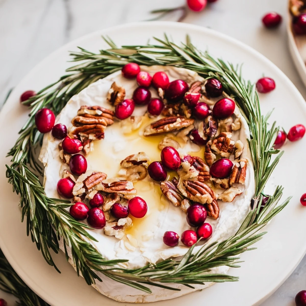 Appetizing photo shows Brie wheel appetizer with rosemary, cranberries, and nuts, ideal for serving.