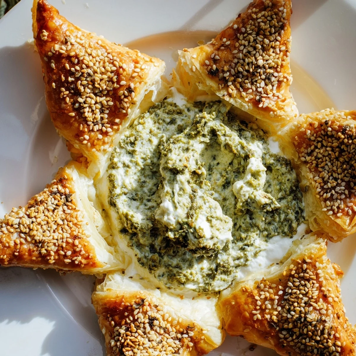 Festive star-shaped pesto dip with golden pastry edges, an Italian appetizer ready for sharing.