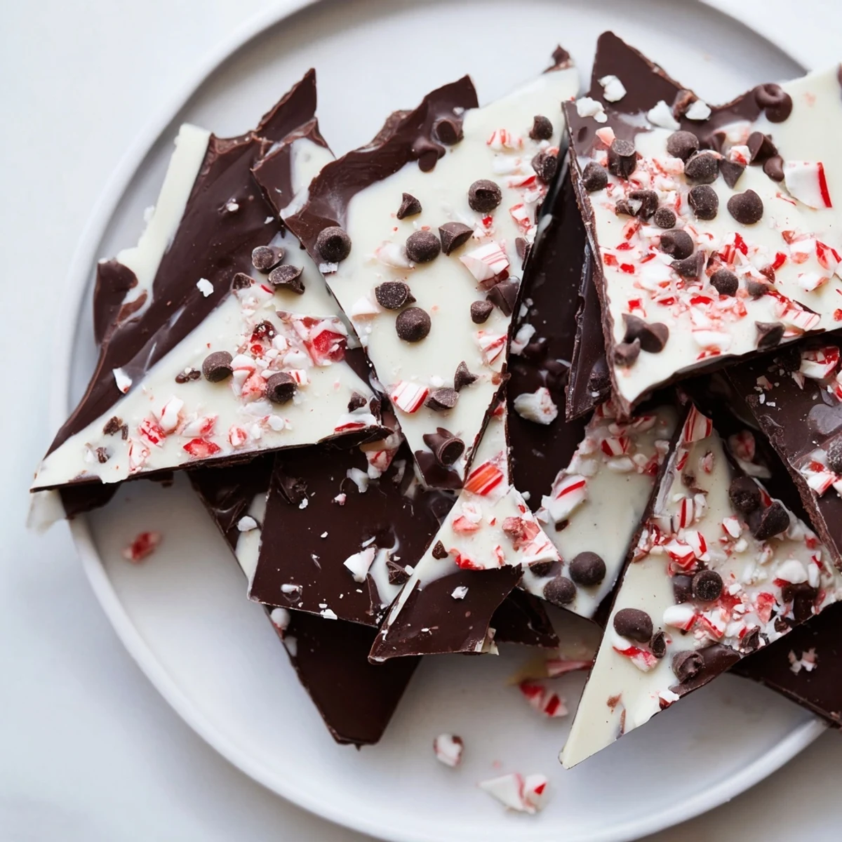 Peppermint Bark shards scattered on a board; imagine the colorful candy pieces and chocolate layers.