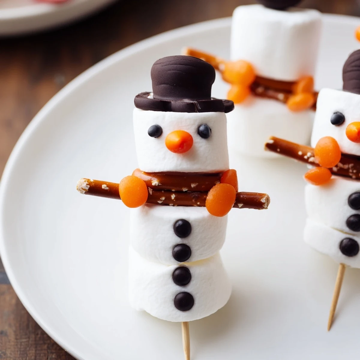 Close-up of a festive marshmallow snowman stick scene, with pretzel arms, awaiting eager eaters.
