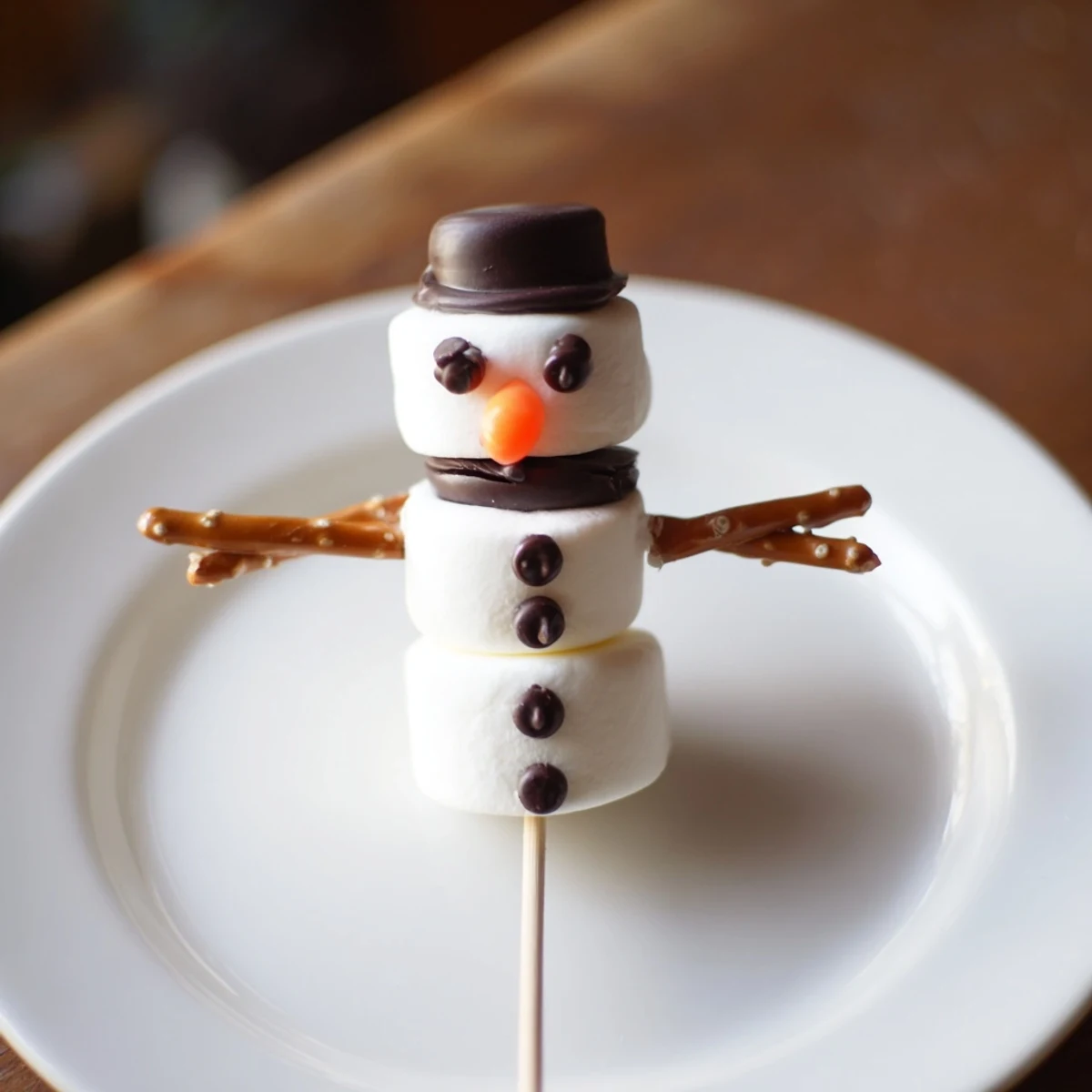 Adorable marshmallow snowman stick arrangement, featuring sweet faces and candy details ready to eat.