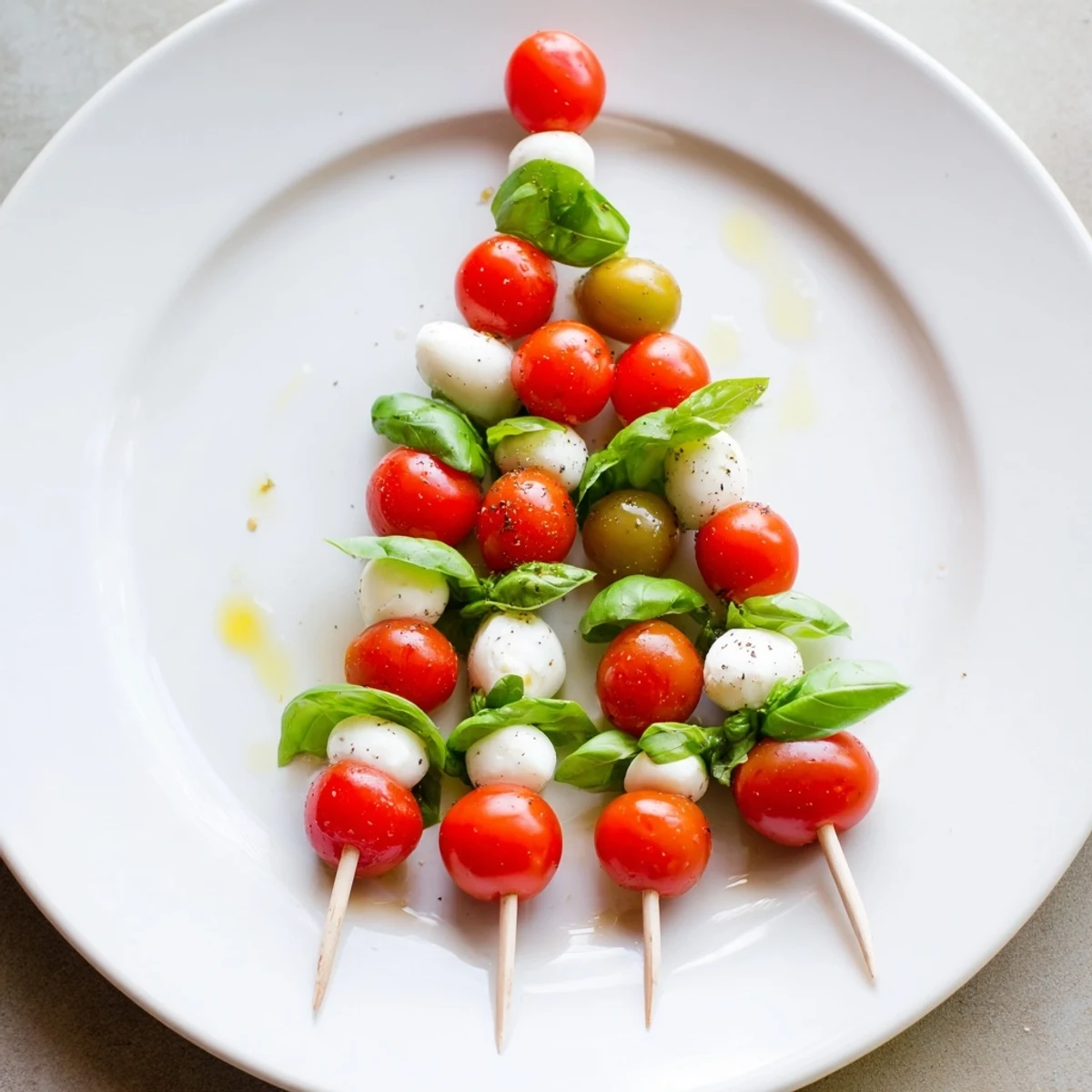 Red and green Caprese skewer tree appetizer, a visually stunning holiday meal, fresh and delicious!
