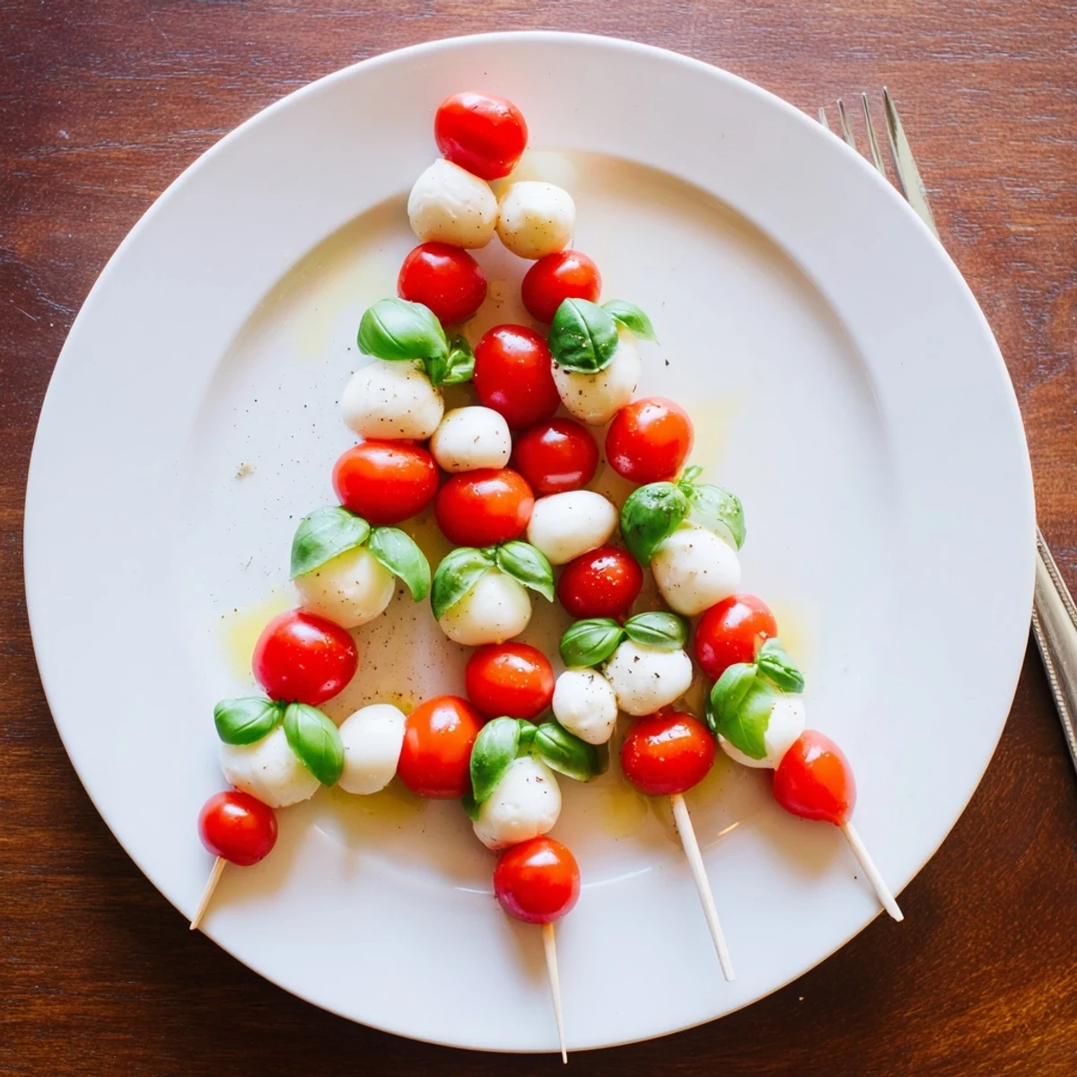 Vibrant red and green Caprese skewer tree, showcasing juicy tomatoes, mozzarella, and basil ready to serve.