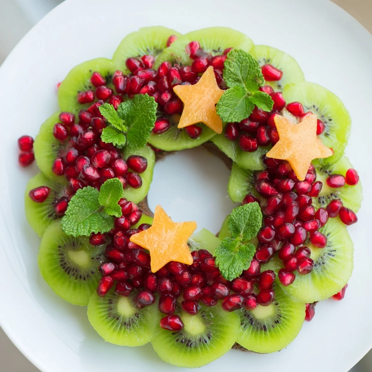 Vibrant fruit platter of kiwi and pomegranate, a festive Christmas wreath for a healthy dessert.
