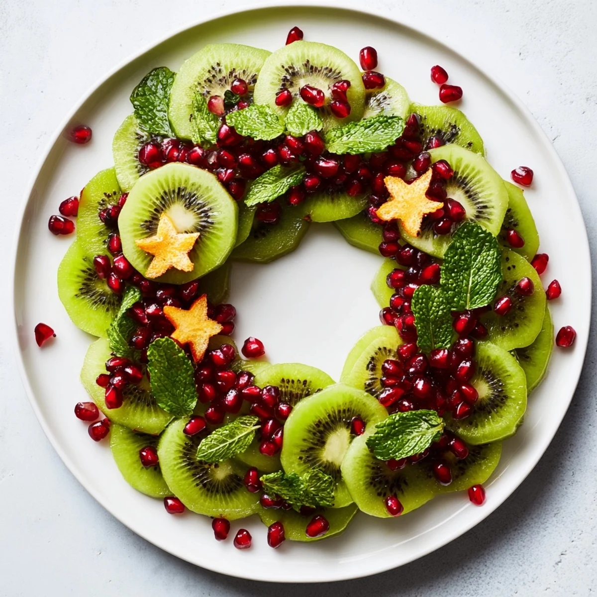 A beautiful display of kiwi and pomegranate seeds, creating a refreshing holiday fruit wreath.