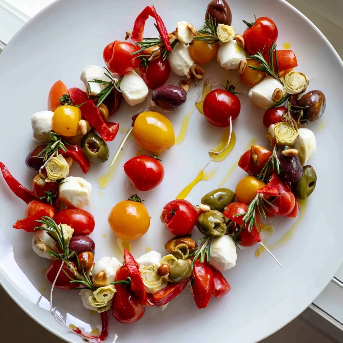 Festive garland board features bright cherry tomatoes, olives and fresh basil, a vibrant appetizer.